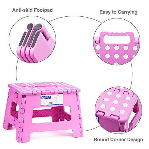Delxo 9Inch Folding Step Stool - The Lightweight Step Stool is Sturdy and Safe Enough for Kids. Opens Easy with One Flip. Great for Kitchen, Bathroom, Bedroom Pink