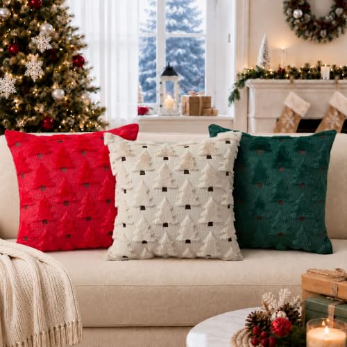 Image of Christmas Pillow Covers 22x22 inch Set of 2 Christmas Decorations Soft Plush Faux Fur Wool Beige Christmas Tree Throw Pillow Cases Winter Holiday Decor for Sofa Living Room PT002C22