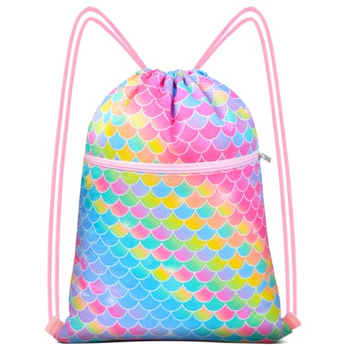Mochila com cordão para crianças, meninas, academia, mochila com cordão, resistente à água, para natação, esportes, ioga, Sereia arco-íris, Moderno