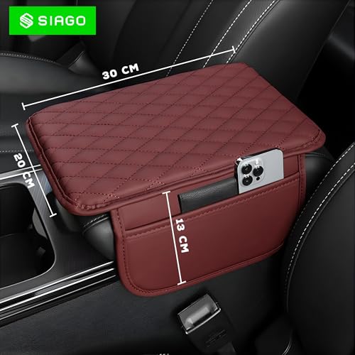 Image of SIAGO Car Armrest Cover Cushion with Storage Bags | Soft Center Console Protector Pad | Non-Slip, Waterproof & Durable | Universal Fit for Cars, SUVs & Trucks (Red) SIA144
