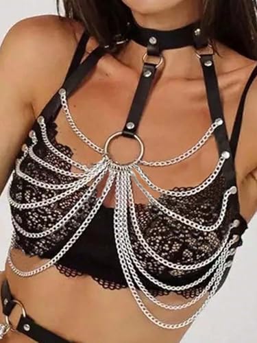 Chain Bra Leather Harness for Women Fashion Punk Layered Chest Chain, Goth Black Body Waist Chain Top Rave Nightclub Belly Bra Jewelry Accessor for Halloween Carnival4