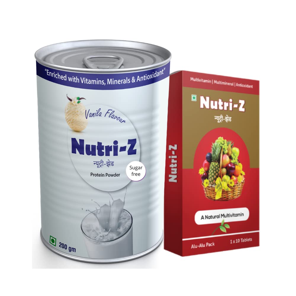 Nutri-Z Protein Powder with DHA, Vanilla Flavor, Sugar Free, 200 GM & Tablet with Multivitamins, Mineral & Antioxidant for Men & Women, Boost Energy & Stamina, Chocolate Flavor, Pack of 1 Strip