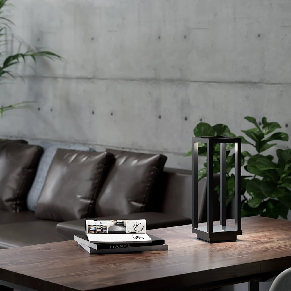 LED Laterne Tischlampe Kabellos Akku, Quadratische Tischlampe Dimmbar mit Touch Control Tragbare Tischleuchte Batteriebetrieben Deko Nachttischlampe USB Aufladung lnnen Lampe Außen,Schwarz