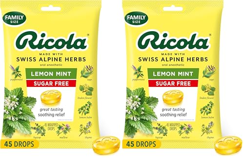 Ricola Sugar Free Lemon Mint Throat Drops, 45 Count, Refreshing Relief From Minor Throat Irritations, Oral Anesthetic (Pack of 2)