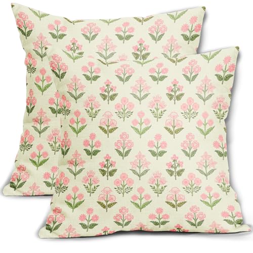 Sivirary Pink Green Block Print Pillow Covers 18x18 Inch Set of 2 Vintage Floral...