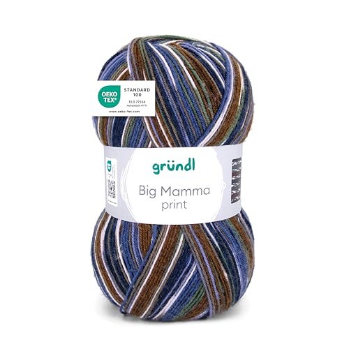 Gründl Lana Big Mamma Print - Lana XXL para tejer - ovillo grande de 400 g / 1040 m - lana con degradado de color 100% poliacrílico - musgo-royal-índigo-taupe-chocolate-blanco