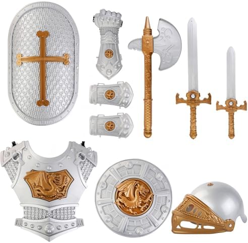 Liberty Imports Medieval Knight in Shining Armor, Kids Pretend Role Play Plastic Toy Costume Dress Up Cosplay with Weapons & Accessories Playset