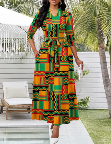 Image of BubFee Maxi Dresses for Women Semi Formal Long Dress 3 /4 Sleeve Casual A-line Church Dresses with Pockets