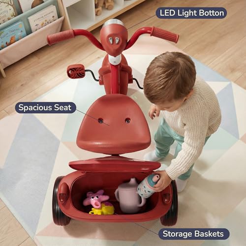 Image of Flyer Foldable Baby Tricycle for Kids | Kid Cycle with LED Light, Music & Storage Baskets | Baby Tricycle with Adjustable Seat & Handle | Cycle for Kids 2 to 5 Years (Red)