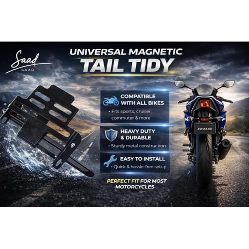 Image of SAAD Magnetic Foldable Tail Tidy | Universal Number Plate Holder | For R15 V2, V3, V4, MT15, etc| Heavy Metal | Adjustable Fender | Black Finish | Easy Install | Bike Accessories | NOT for DUKE Models