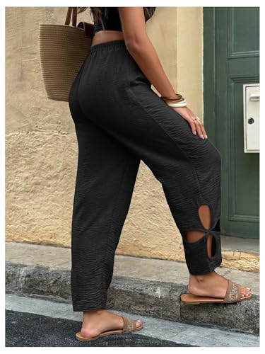 Floerns Women's Floral Cut Out Boho Pants Elastic Waist Vacation Casual Trousers2