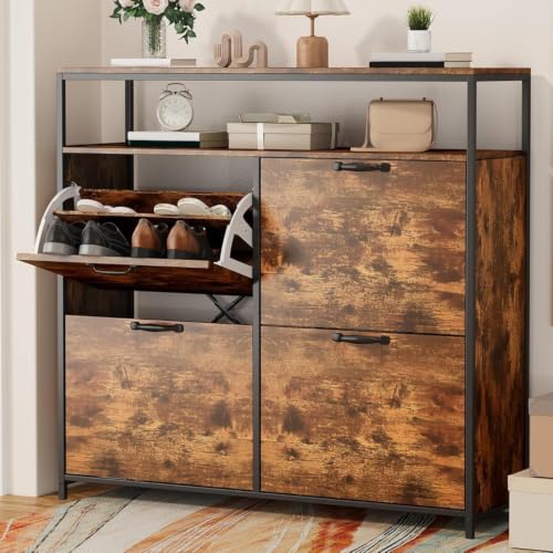 Blishom Zapatero con 4 Compartimentos y Estante Abierto, Mueble para 16 24 Pares, Diseño Industrial, Estrecho para Pasillo, Entrada y Salón,Retro