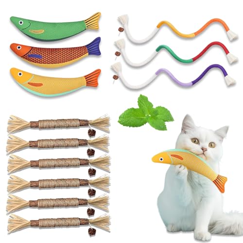 lompyeu Herbe à Chat，12 Pièces Jouet Pour Chat, dont 6 bâtons à mâcher pour chats, 3 cordes à mâcher pour chats et 3 Jouet poisson à l'herbe à chat - pour Interagir Et Nettoyer Les Dents