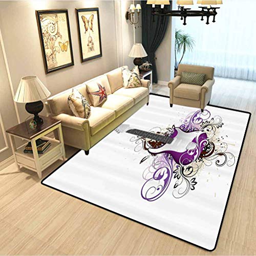 Music Decor Floor Area Rug for Living Room Bass Guitar Surrounded by Swirled