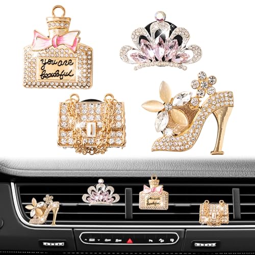 Image of Rislobx 4PCS Bling Air Freshener Vent Clip, Crystal Diamond High Heel Shoe Bag Crown Perfume Bottle Diffuser Vent Clip Cute Car Bling Accessories Decoration for Women (Gold)