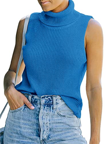 Image of Womens Sleeveless Sweater Vest Turtleneck Ribbed Knit Tank Tops Basic Slim Fit Top