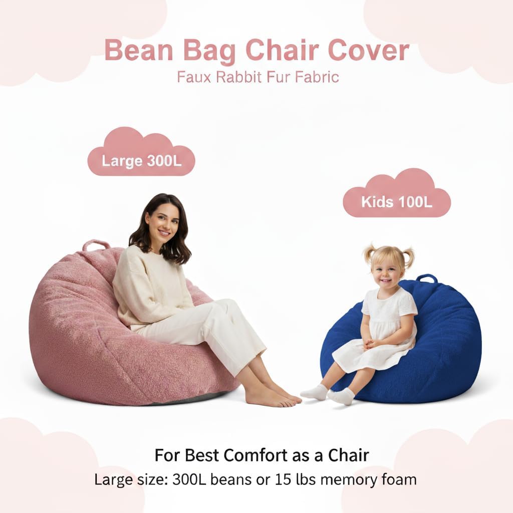 Faux Rabbit Fur Bean Bag Chair Cover Only (No Filler), Stuffed Animal Storage Bean Bag Cover, Ultra‑Soft, Washable, Zippered, Non‑Slip Bottom, Handle,Living Room Furniture for Adults Blue