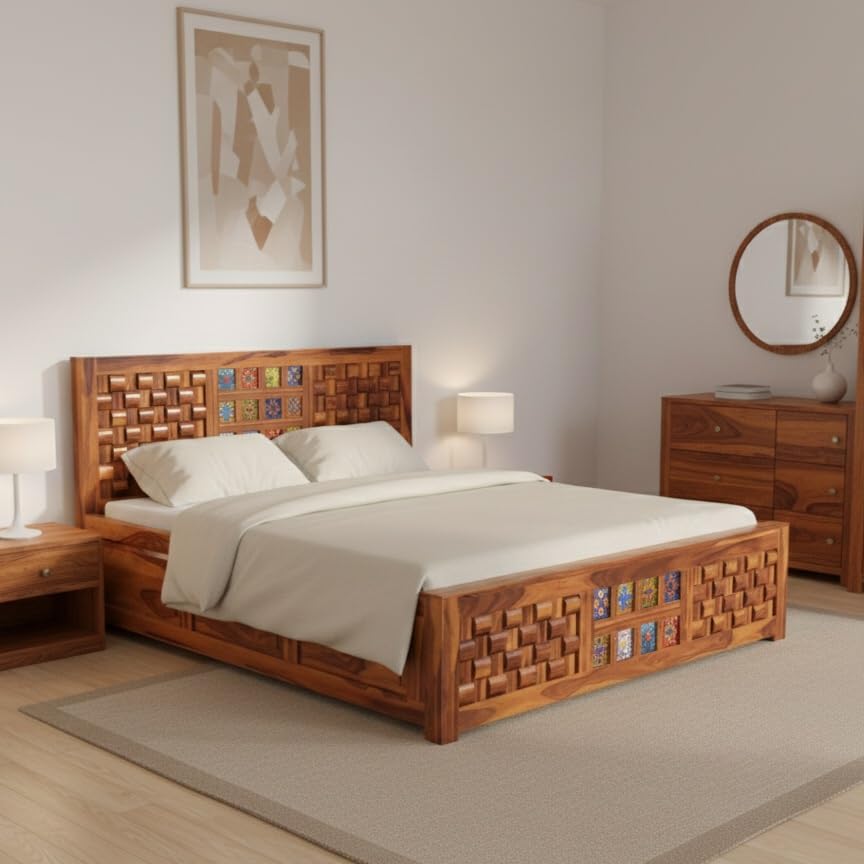 Image of Sheesham Wood Niwar Queen Size Bed with Box Storage for Living Room Wooden Furniture for Home (Honey Brown)