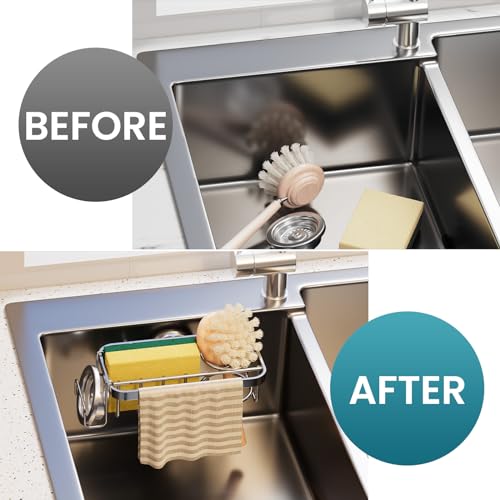 Image of TAILI 4-in-1 Sponge Holder for Kitchen Sink with Strong Suction Cup Removable, Rustproof Aluminum Sink Caddy for Sponge, Brush, Scrubber, Scraper -Silver