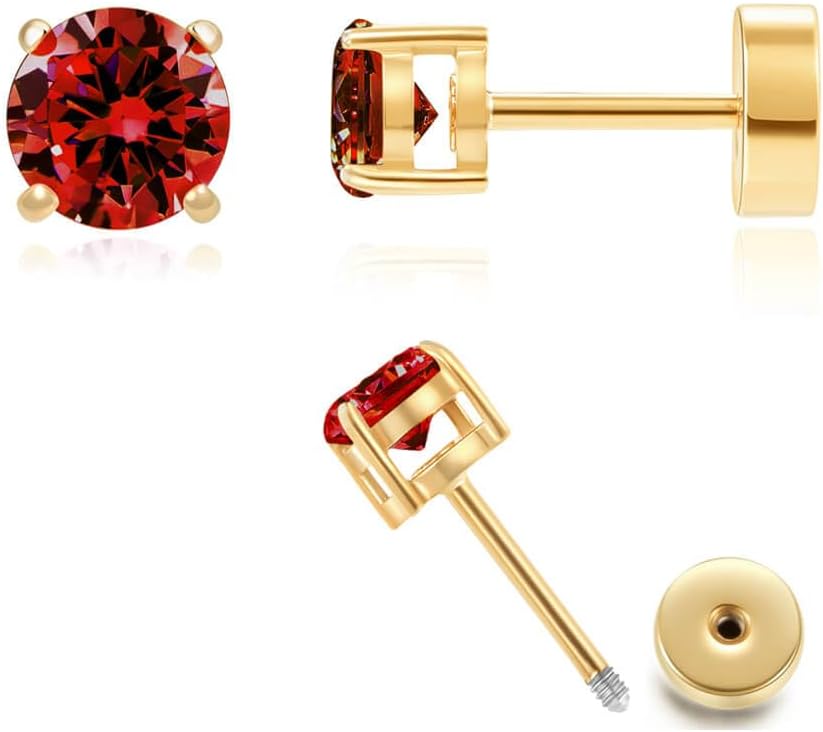 Hypoallergenic Flat Back 5A CZ Stud Earrings, Gold Plated Surgical Steel Secure Screw Back Cartilage Earrings for Women Men with Sensitive Ears | Multiple Piercing, 3-8mm CZ