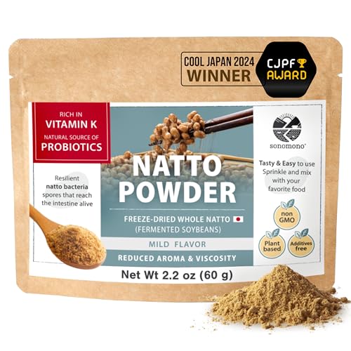 Image of SONOMONO Natto Powder Mild, Japanese Fermented Soybean Powder, 60g | Non-GMO Project Verified, Superfood, Freeze-Dried, Vegan, Spore Probiotics, Prebiotics, Vitamin K2 (MK7), Earthy Umami Flavor