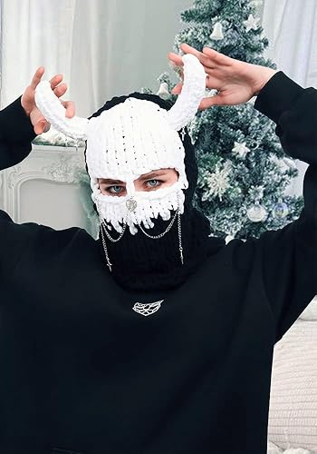 Miniatura 6 de DAZCOS Pasamontañas de punto, gorros, máscara de cabeza de cuerno de diablo, máscara de invierno para la cara completa, máscara de esquí para