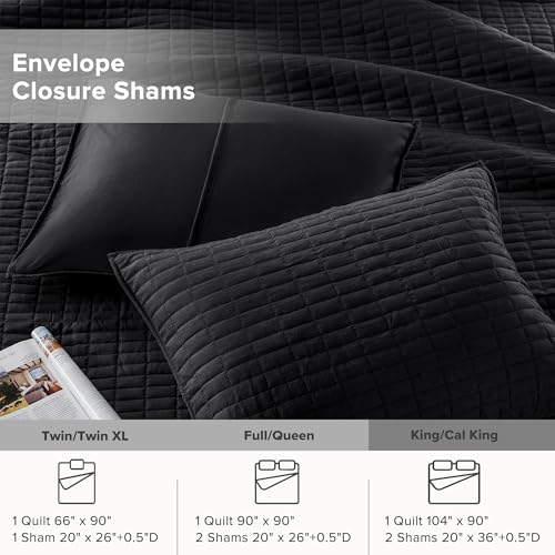 Comfort Spaces Kienna Quilt Set- Double Sided Stitching Design Summer Blanket, Lightweight, Soft, All Season Bedding Layer, Matching Sham, Black, Coverlet King (104"x90") 3 Piece