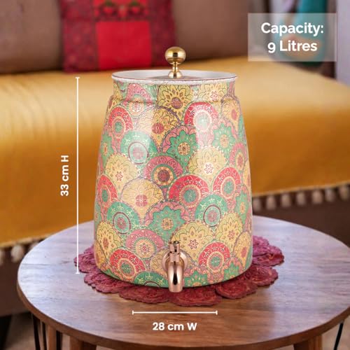 Image of VIP Copper Matka | Decorative Drinking Water Pot with Tap | Beautiful Printed Design | Healthy Storage for Home & Kitchen | Floral Printed Design | 9L Capacity