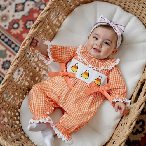 Newborn Baby Girl Halloween Outfit Pumpkin Pie Embroideried Romper Plaid Lace Trim Crewneck Long Sleeve Jumpsuit2