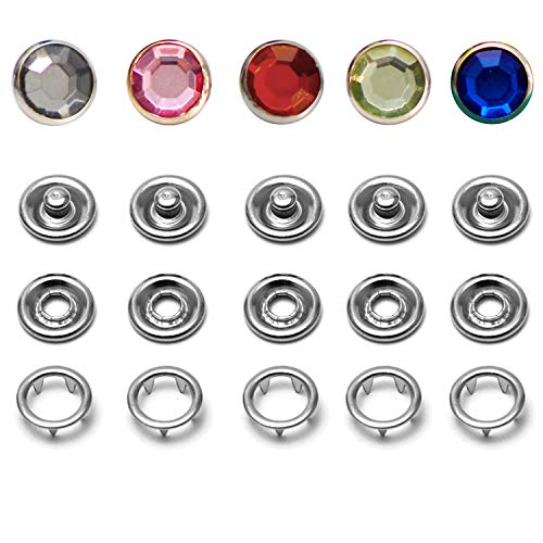 16L/10mm Snap Fastener Kit, 50 Sets Classic Rhinestone Prong Ring Snaps for Western
