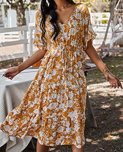 Vaiaye Womens Midi Dresses Bohemian V Neck Short Sleeve Button Down Dress Elastic Waist Summer Dress Orange #TOP2