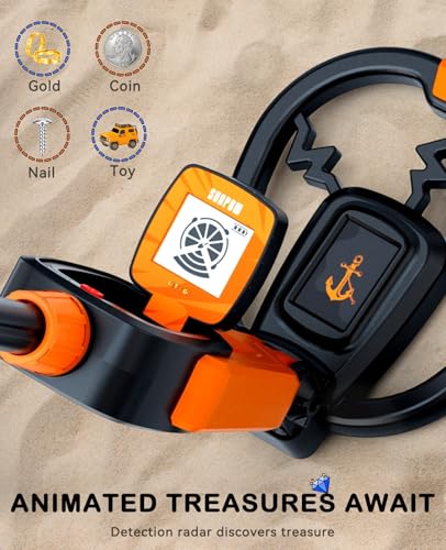 Image of SUNPOW Metal Detector for Children with Treasure Animation and Waterproof Coil - Adjustable Stem (60 - 70 cm) - Kit Includes Shovel, Rake and Bag - Ideal Gift for Boys and Girls from 6 to 12