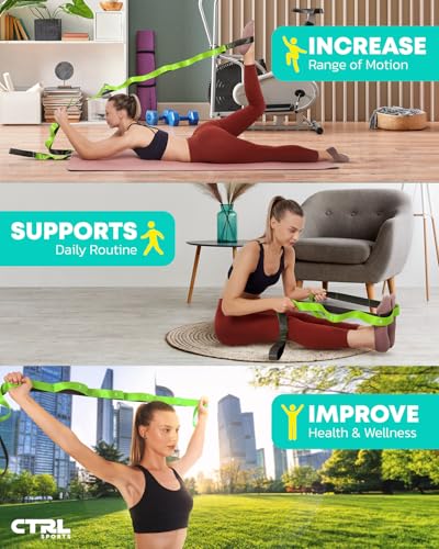 Image of CTRL Sports Stretching Strap with Loops for Physical Therapy, Yoga, Exercise and Flexibility - Non Elastic Fitness Stretch Band + Exercise Instructions & Carry Bag (Green)