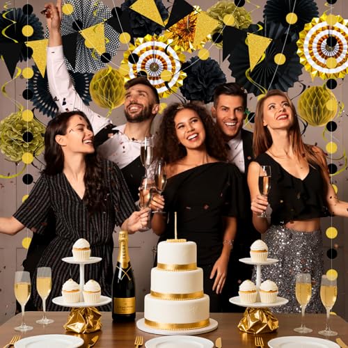 Image of 24 Pcs Black and Gold Party Decorations, Paper Fans Pom Poms Garland Decor | Pennant garland, circle dots and hanging spirals for 2026 graduation, birthday, New Year, wedding and anniversary party decor
