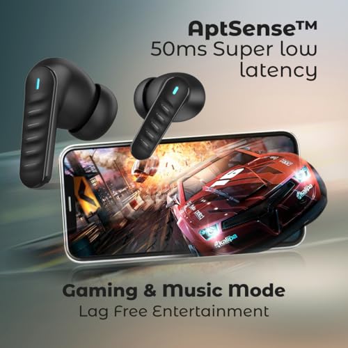 Image of pTron Bassbuds Bliss TWS Ear Buds w / 4 QuadPro Mics, 3D Audioscape, AI-ENC Calls, 40H Playtime, 50Ms Low-Latency Game /Music Modes, BTv5.3, Type C Fast Charging & IPX5 Water Resistant (Obsidian)