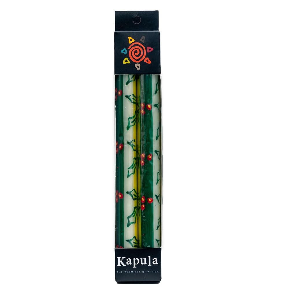 Kapula South African Dinner Candles Pair - Fair Trade - Hand Painted Festive Candles - Christmas Design - 2 x 23cm