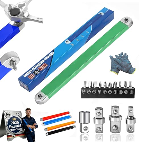 HOPASRISEE 2026 Schraubwerk Offset Schlüssel Hochkohlenstoffstahl Offset Extension Wrench mit 1/2 1/4 3/8 Zoll Adapter & Stecknuss für Beengte Räume Autoreparaturen DIY(Grün 25CM)