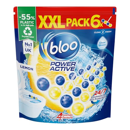 Bloo Power Active Toilet Rim Block XXL Pack (6 pack) with Fresh Lemon Scent Hanging Toilet Bowl Rim with Anti-Limescale Formula