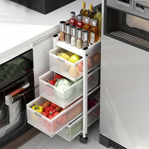 SAJMN Carrito de Cocina con Ruedas y cajones, Multiusos, de Metal, con Ruedas bloqueables y Cesta de Malla (Blanco, 4 cajones)