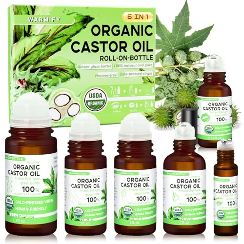 Warmify 6-in-1 Castor Oil Roll on for Eye,Face,Hand,Feet,Body Skin,Certified Organic Cold Pressed Castor Oil Roller ball unrefined Glass Bottle - Total 5.58 fl.oz
