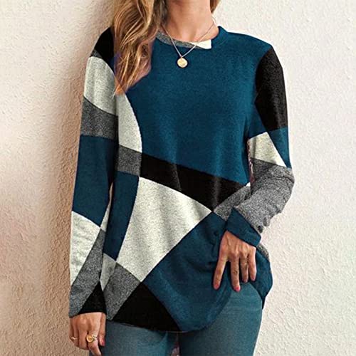 Homisy Camisetas femininas modernas de manga comprida com patchwork Color Block Top outono inverno b