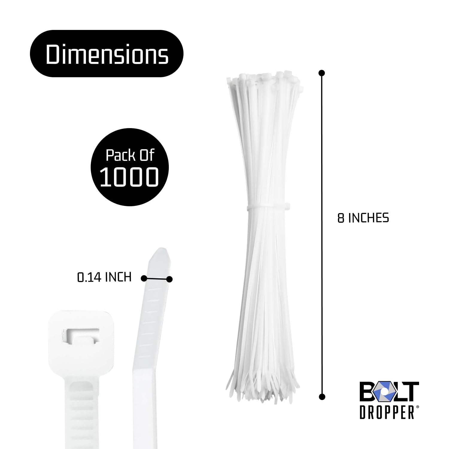 Amazon.com: Bolt Dropper 8 Inch 1000 White Zip Cable Ties 40lbs