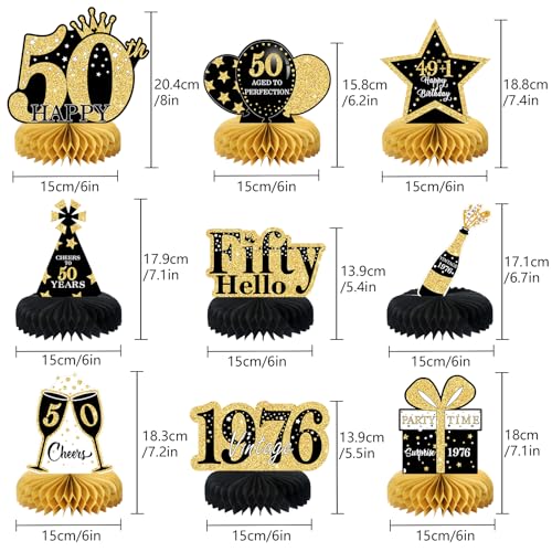 Image of 9 Pcs 50th Birthday Decorations Honeycomb Centerpieces for Women Men, Black Gold 1976 Aged to Perfection Vintage Centerpieces for Tables Toppers,Fifty Years Party Decorations Supplies