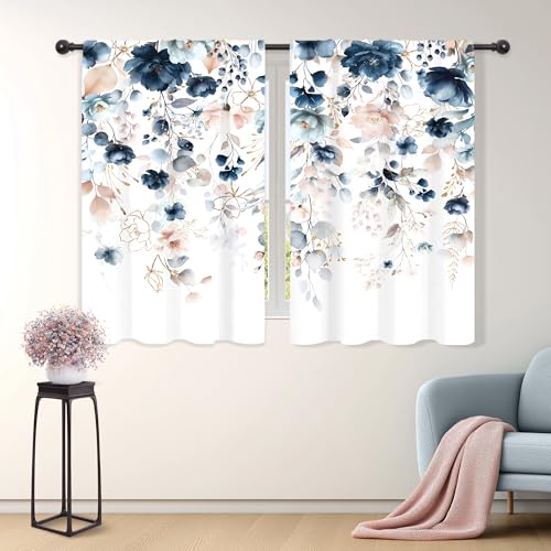 Navy Blue Floral Spring Pink Wildflower Living Room Bedroom Window Curtains