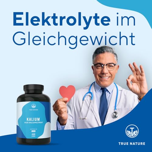 Kalium Potassium – 2.222mg pro Tag – 400 Kapseln – Kaliumcitrat mit 800mg elementarem Kalium – 6 Monate Vorrat – Hergestellt & laborgeprüft in DE – Vegan, ohne Zusätzen – TRUE NATURE