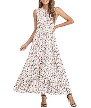 AMAZON - CZYINXIAN Womens Floral Print Long Dress Crew Neck Sleeveless Maxi Dress High Waist Ruffle Hem A Line Dresses for Women(Flower White,Large)