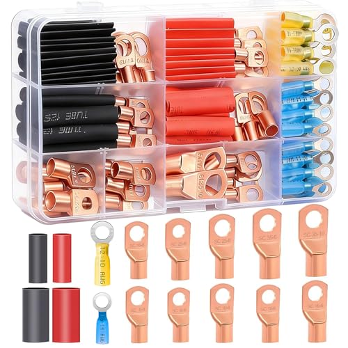 Twidec/110PCS Battery Cable Ends AWG 2 4 6 8 10 12 14 16 Gauge Copper Cable Wire Lugs,Ring Terminals Connectors,Copper Ring Terminals with Heat Shrink N-067-110PCS