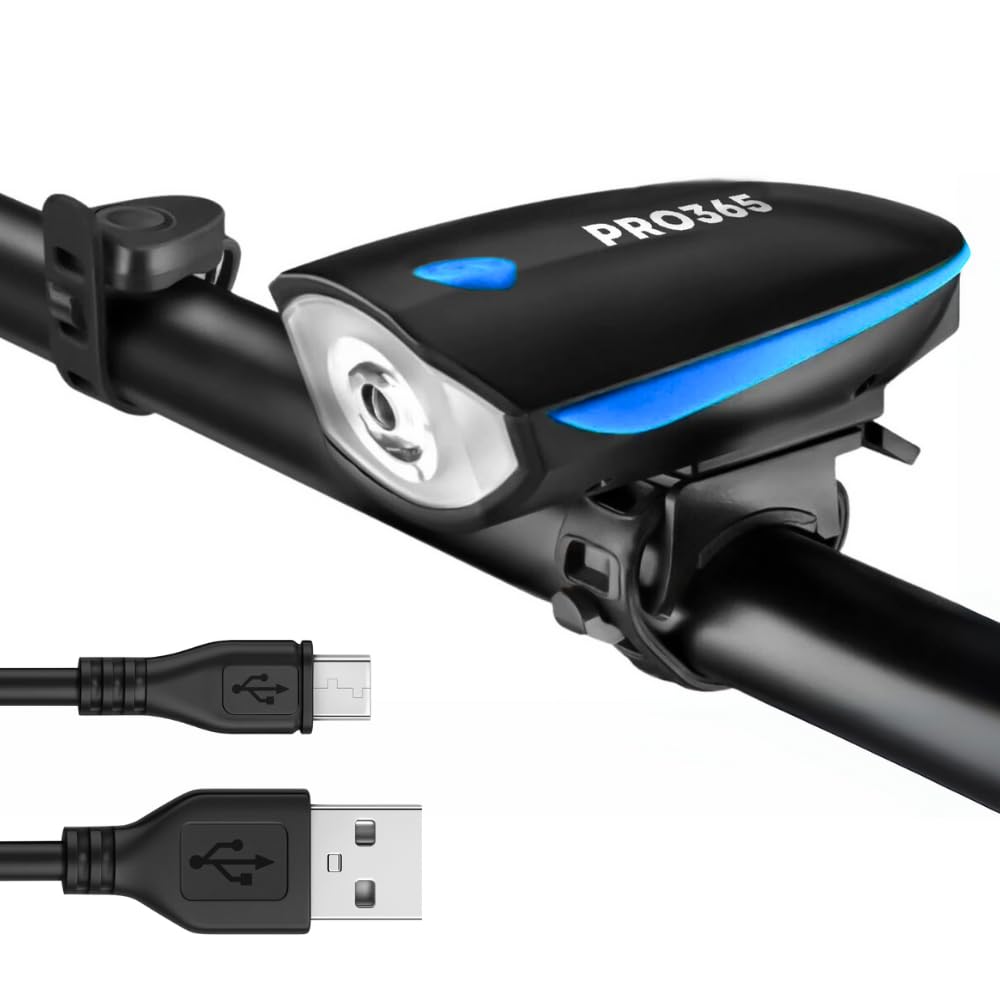 PRO365 2-in-1 Bicycle LED Light with Horn | USB Rechargeable Waterproof LED Front Light, 3 Light Modes, Loud Bell | Bicycle Headlight for Night Riding