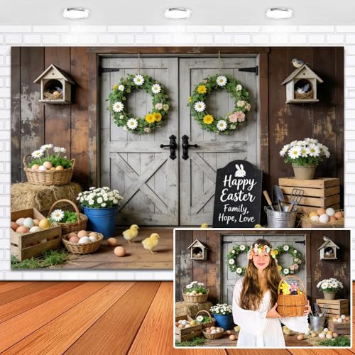Duluxykl Spring Easter Photography Backdrop 10x7ft Vinyl Rustic Barn Door