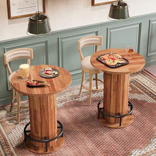 Image of Tribesigns Round Dining Table Set of 2, Bar Height Commercial Kitchen Table with Wood Strip Base and Footrest, for Dining Room, Restaurant, Cafe, Bakery, School, Apartment, Walnut Brown (Only Table)